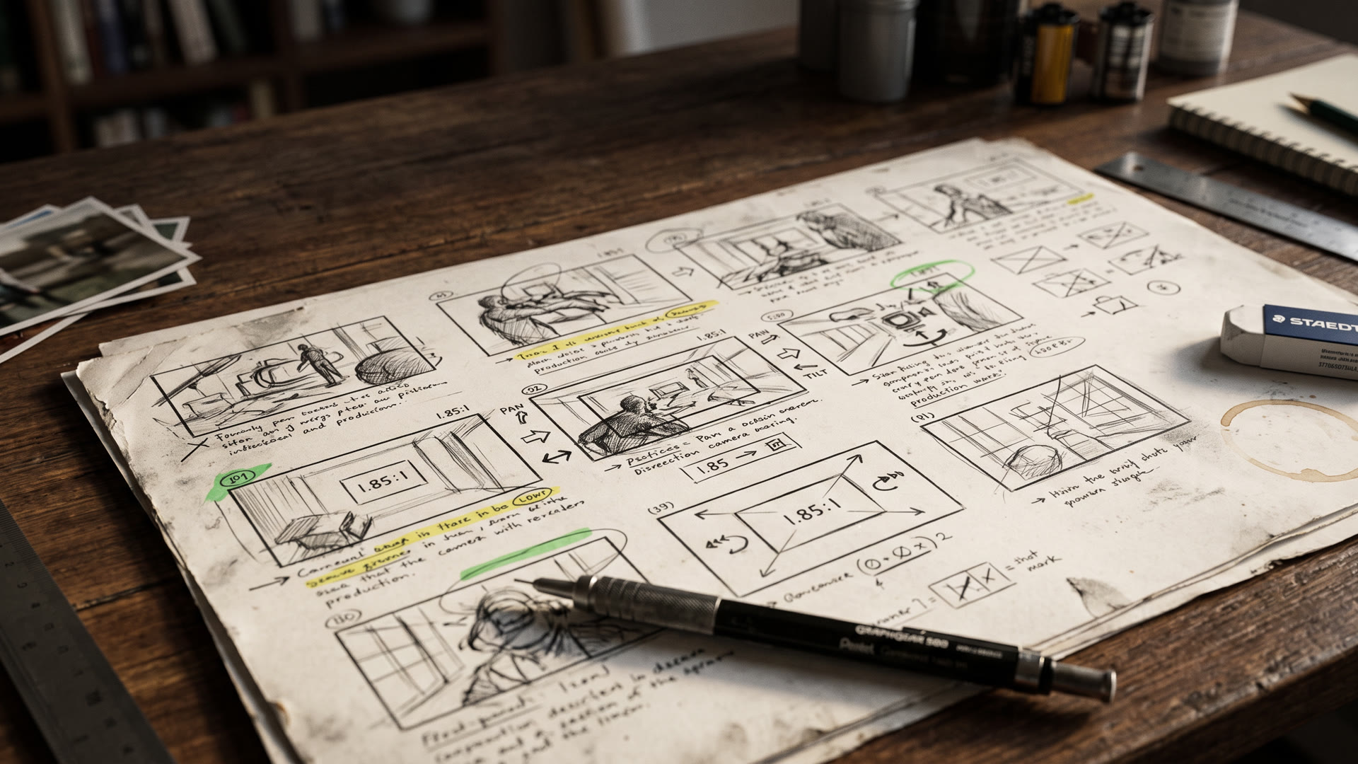 Storyboard desenhado à mão sobre mesa de madeira, com lapiseira, réguas e rolos de filme ao lado
